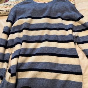blue, navy, and white stripped sweater